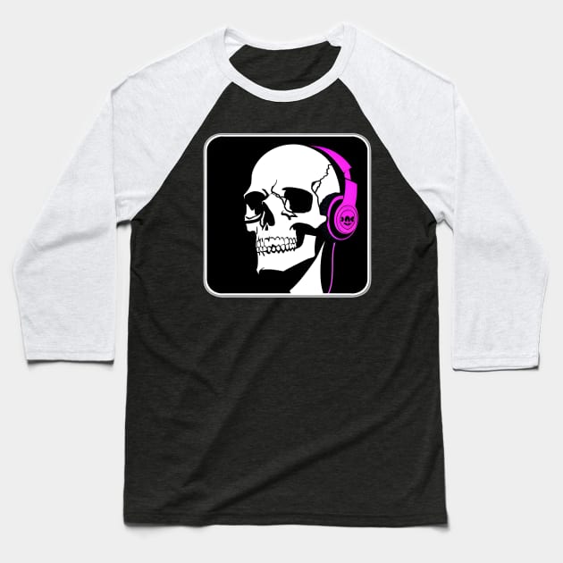 Skull With Headphones, Pink, Violet| Listening Music Baseball T-Shirt by General Corner